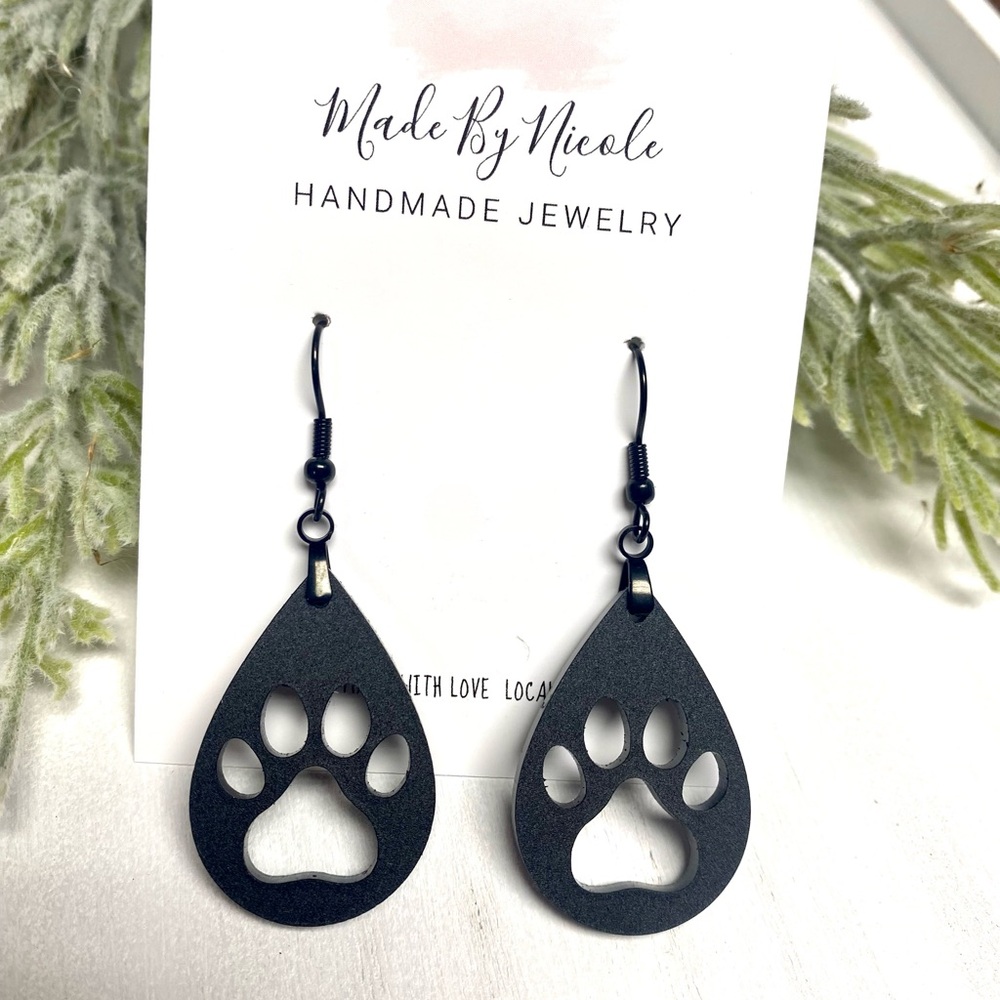 Hand Crafted Black Paw Print Earrings